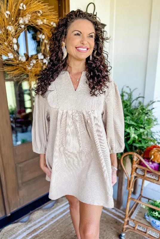Classic Autumn Mini Dress in Taupe Comfortable Wrap Mini Dress