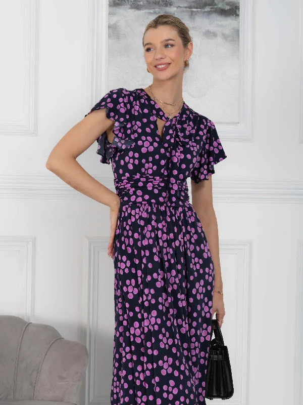 Beverly Tie Neck Midi Dress, Navy Spot Comfortable Stretch Midi Dress
