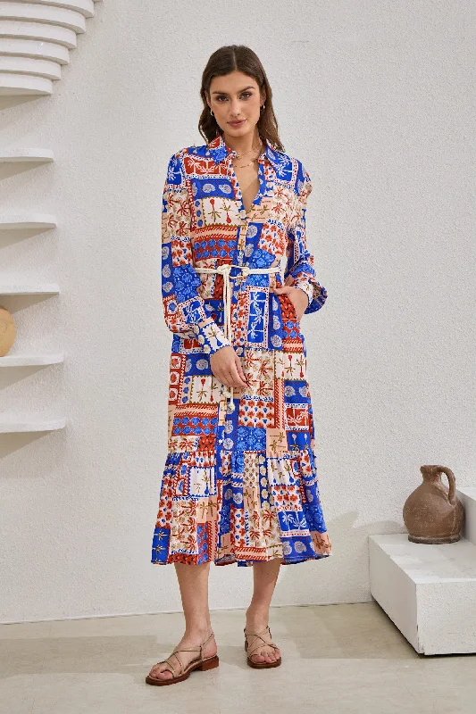 Cordelia Blue Abstract Patchwork Belted Midi Dress Fashionable Sheer Sleeve Midi Dress