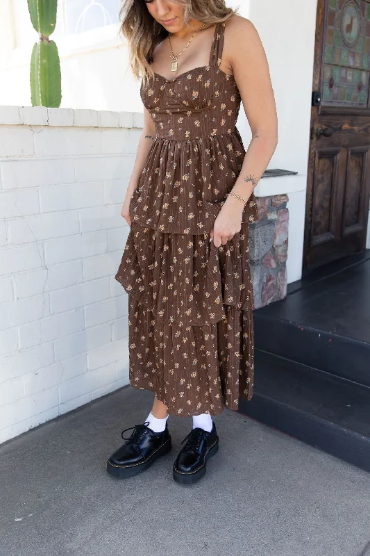Tiered Floral Midi Dress Comfortable Ribbed Midi Dress