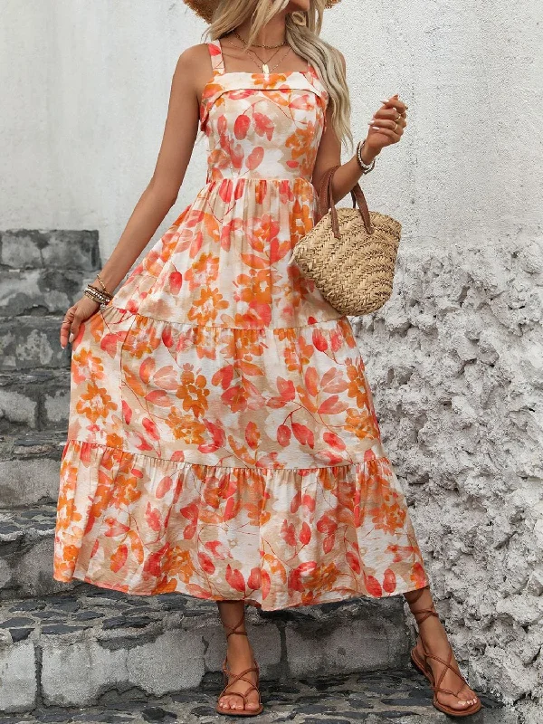 Crisscross Printed Square Neck Midi Dress Fashionable Plaid Midi Dress