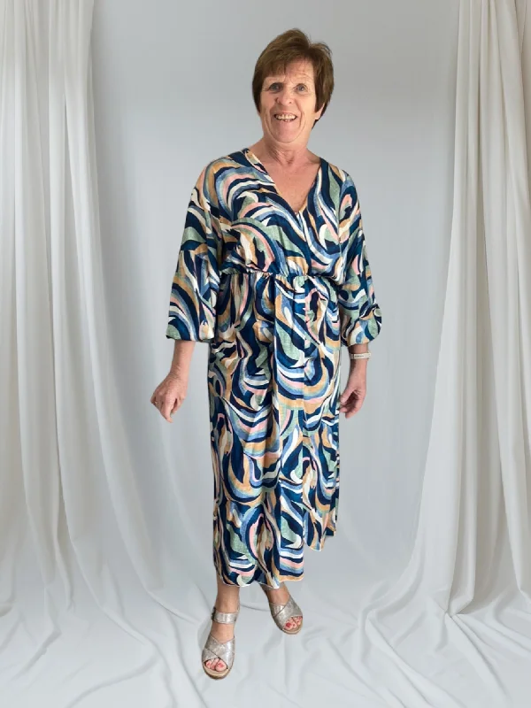 D.E.C.K By Decollage 5129 Navy Multi Print Midi Dress Stylish Silk Midi Dress