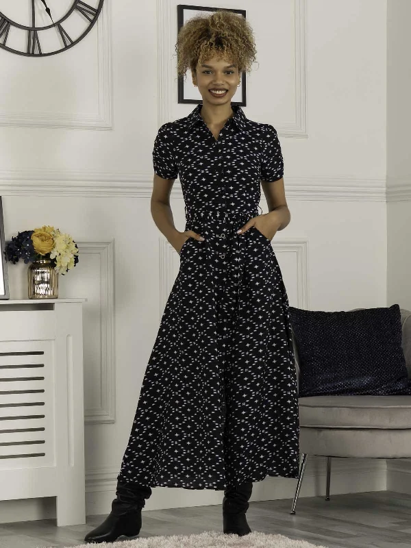 Danni Crepe Shirt Midi Dress, Navy Star Fashionable High-Neck Midi Dress