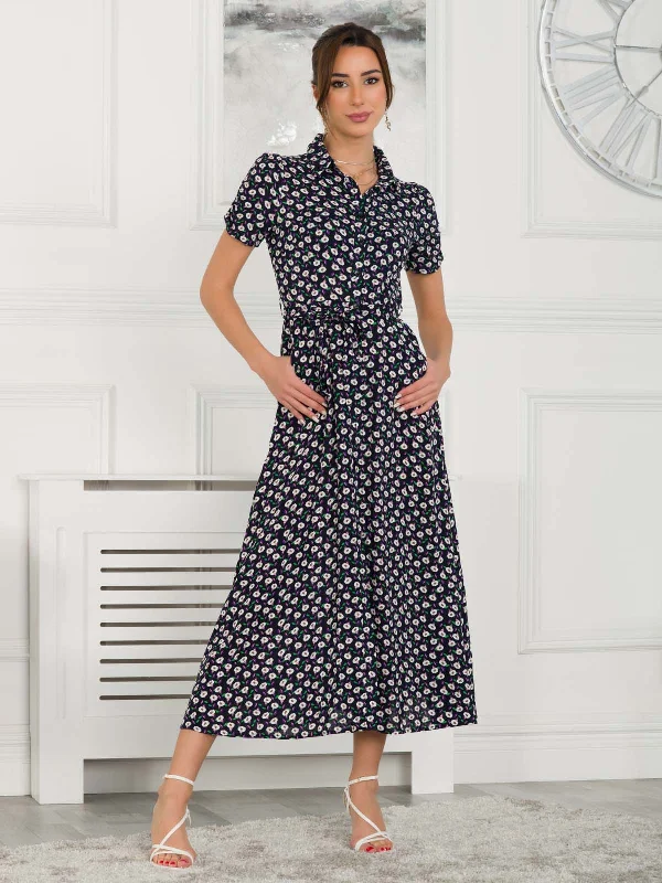 Danni Shirt Midi Dress, Navy Floral Fashionable High-Low Midi Dress