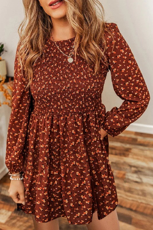 Ditsy Floral Smocked Balloon Sleeve Mini Dress Trendy Bodycon Mini Dress
