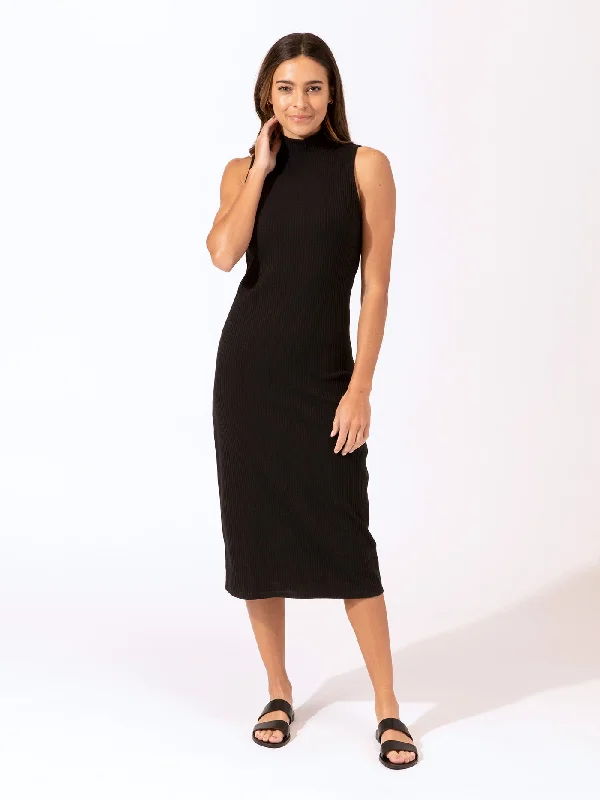 Donika Mock Neck Rib Midi Dress Trendy Long Sleeve Midi Dress