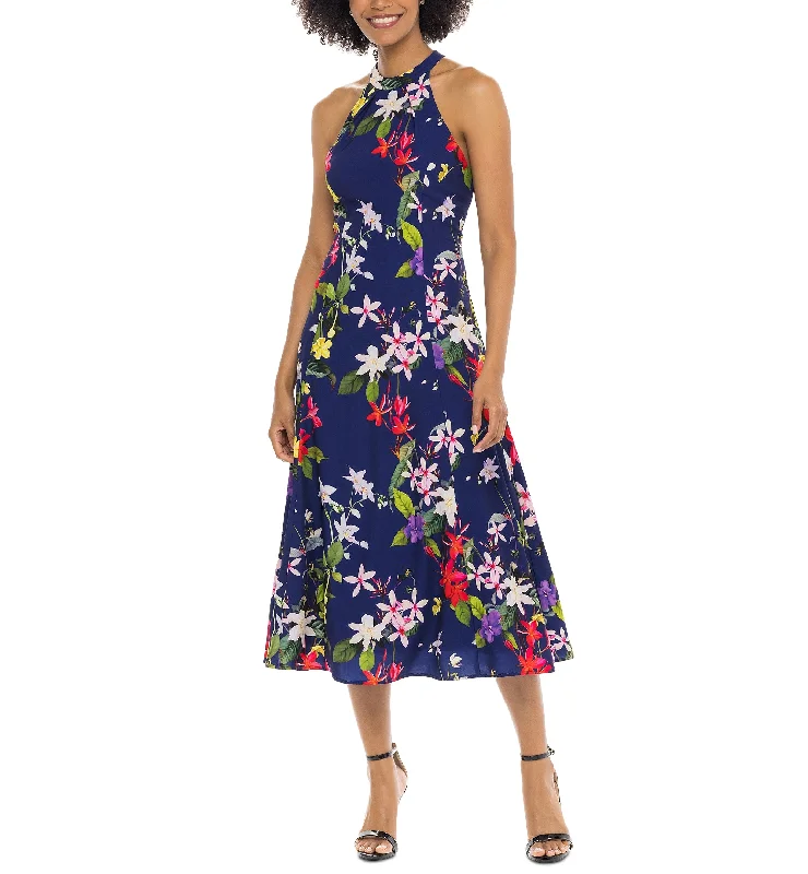 Donna Ricco Womens Pleated Neck Midi Dress Stylish Cold Shoulder Midi Dress
