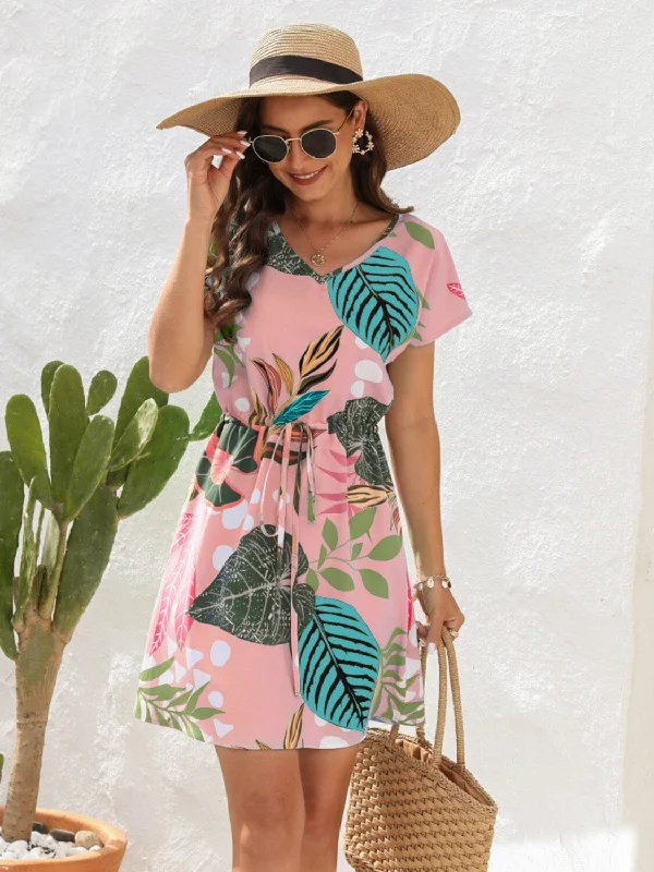 Drawstring Printed V-Neck Mini Dress Fashionable Party Mini Dress