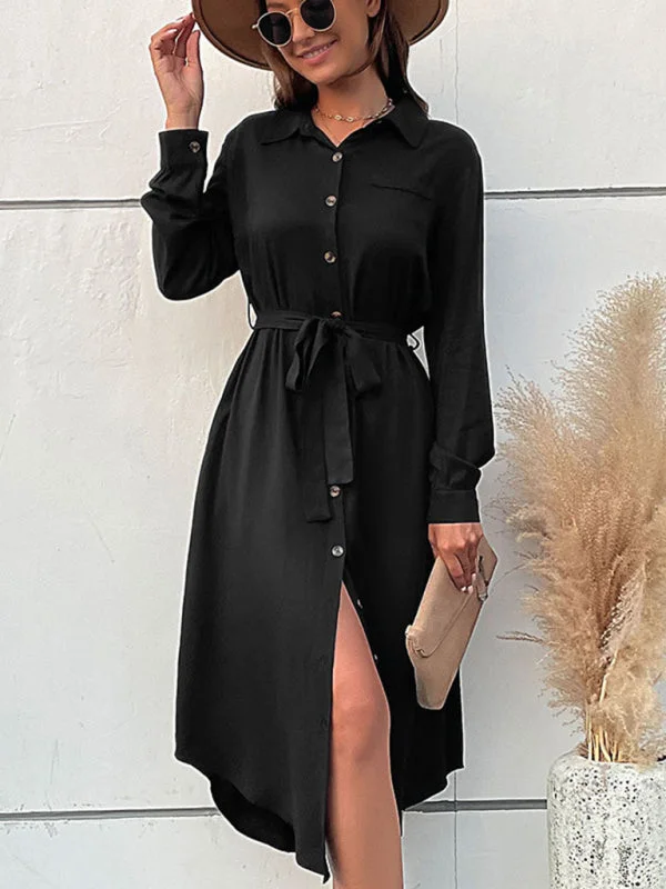Blue Zone Planet | Ella's Woven Lapel Long Sleeve Shirt Midi Dress Trendy A-Line Midi Dress Blue Zone Planet | Ella's Woven Lapel Long Sleeve Shirt Midi Dress Trendy A-Line Midi Dress