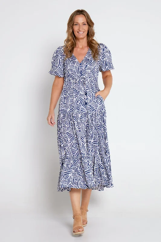 Ellie Midi Dress - Blue Print Fashionable Fitted Midi Dress