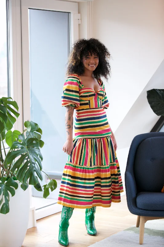 Farm Rio Rainbow Stripes Midi Dress Trendy A-Line Midi Dress