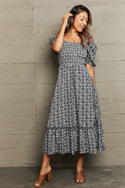Floral Lace-Up Off-Shoulder Midi Dress Trendy Long Sleeve Midi Dress