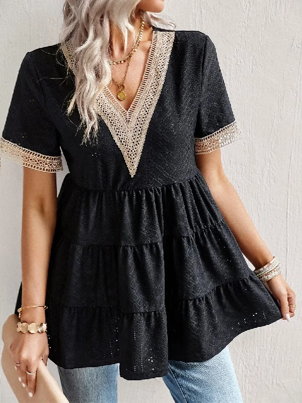 Flowy V-Neck Short Sleeve Mini Dress Comfortable Casual Mini Dress