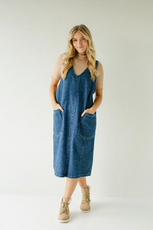 'Ford' Denim Overall Midi Dress in Medium Wash Fashionable Chiffon Midi Dress