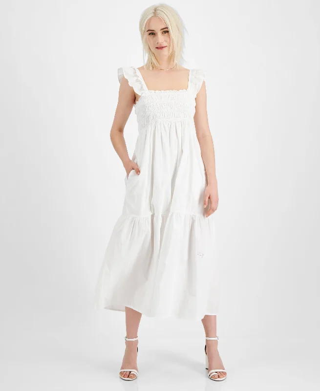 French Connection Isla Smocked Organic Cotton Midi Dress Stylish Cold Shoulder Midi Dress