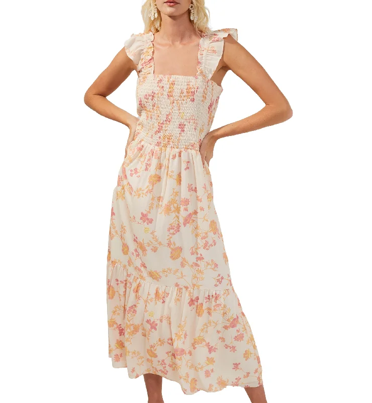 French Connection Smocked Printed Midi Dress Trendy Tiered Hem Midi Dress