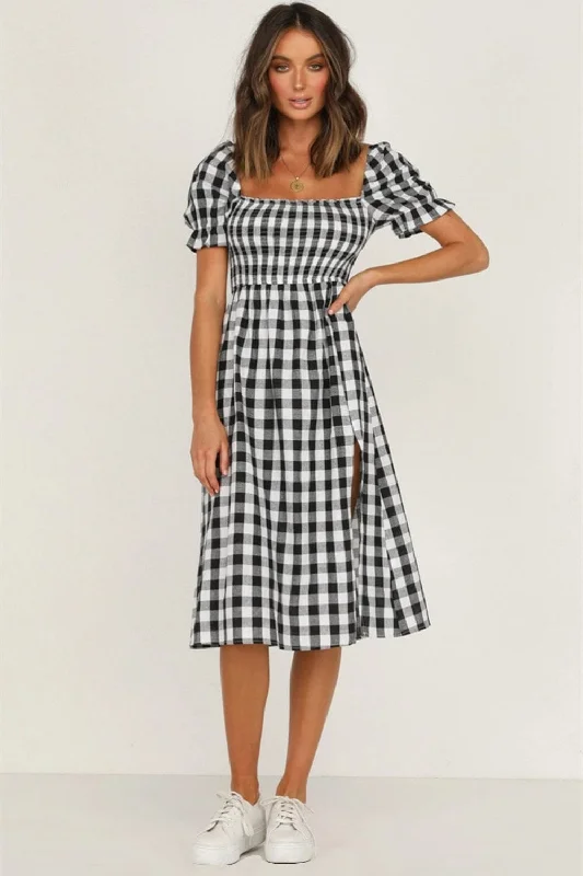 Full Size Slit Plaid Short Sleeve Midi Dress Trendy Bodycon Midi Dress