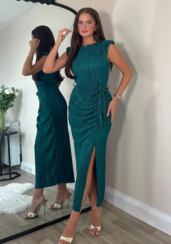 Girl in Mind Elena Plisse Midi Dress, Green Trendy Smocked Detail Midi Dress