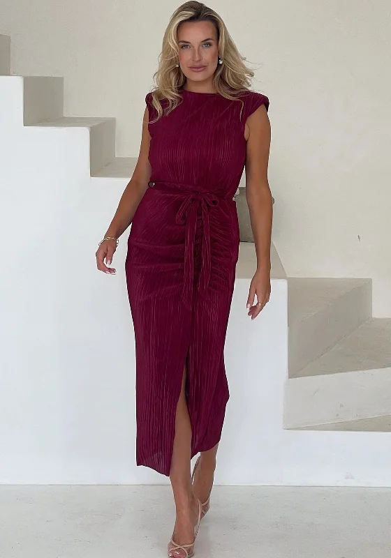 Girl in Mind Elena Plisse Midi Dress, Wine Comfortable Lace-Up Midi Dress