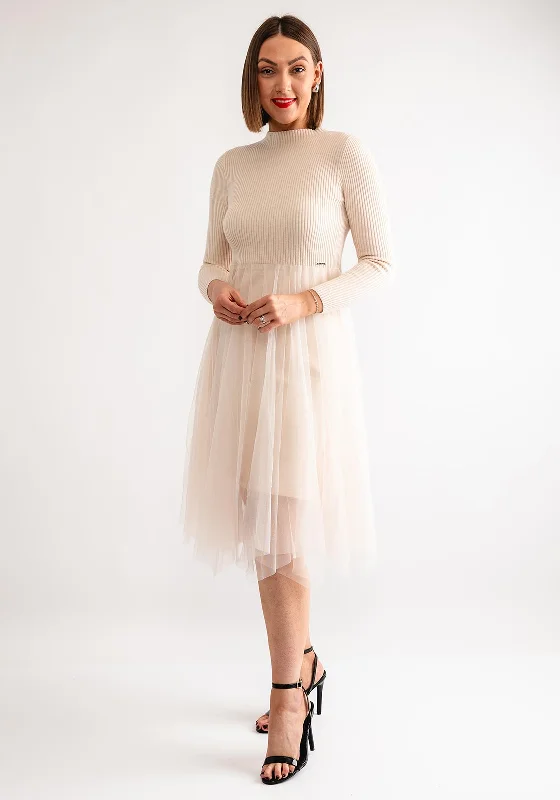 Goa Goa Knit Tulle Contrast Midi Dress, Cream Elegant V-Neck Midi Dress