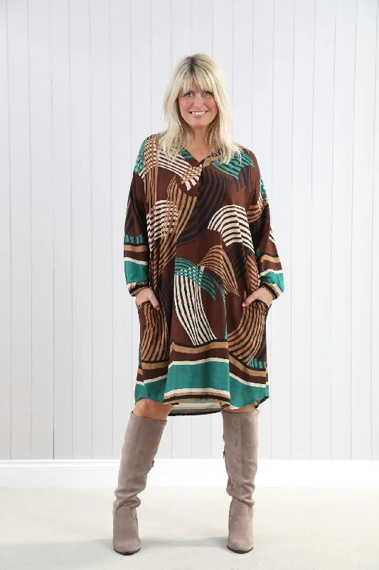 Goose Island 4600 Abstract Print Long Sleeved Midi Dress With Pockets (3 Colours) Fashionable High-Low Midi Dress