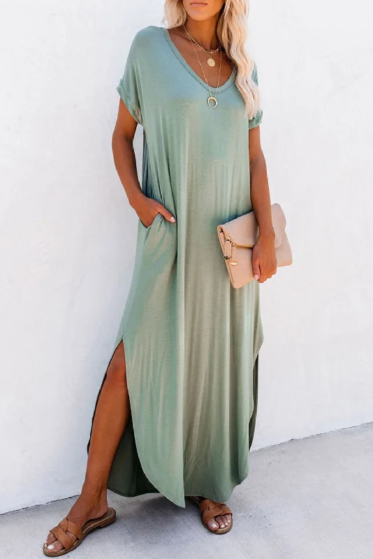 Blue Zone Planet | Grass Green V Neck Hidden Pocket Splits Maxi T-shirt Dress Iron Safe Non-Iron Wrinkle Free Blue Zone Planet | Grass Green V Neck Hidden Pocket Splits Maxi T-shirt Dress Iron Safe Non-Iron Wrinkle Free