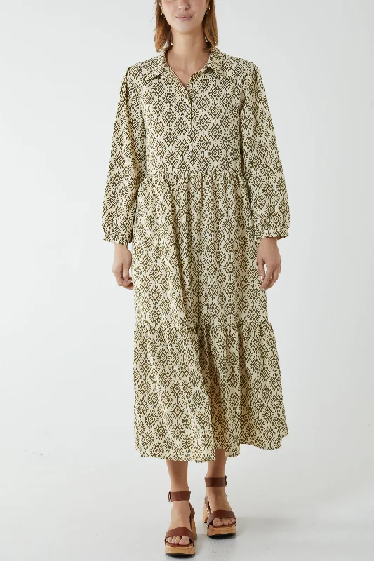 Collared Abstract Midi Dress Trendy Mock Neck Midi Dress