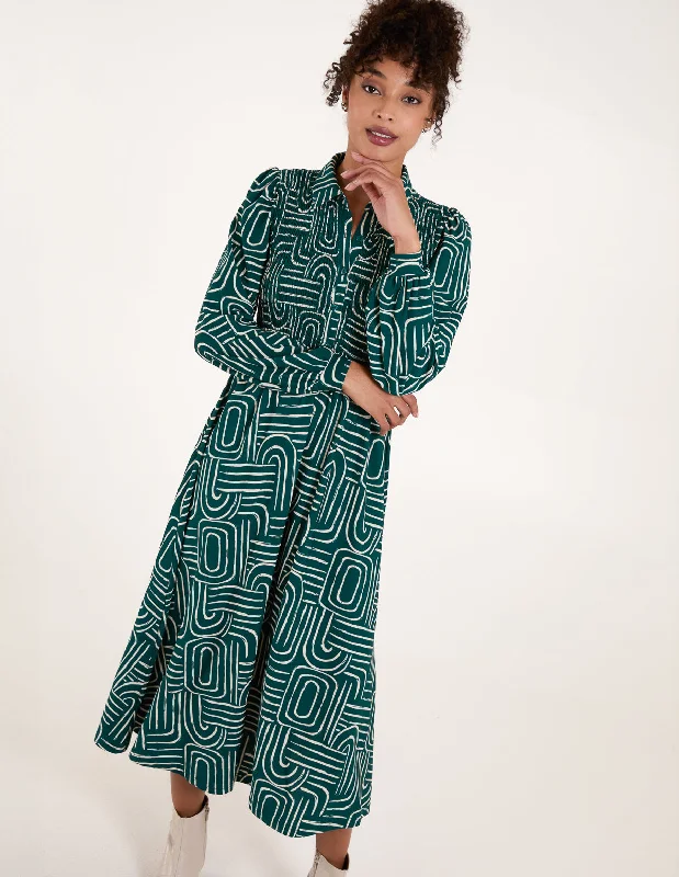 Shirred Bust Long Sleeve Shirt Midi Dress Fashionable Skater Midi Dress