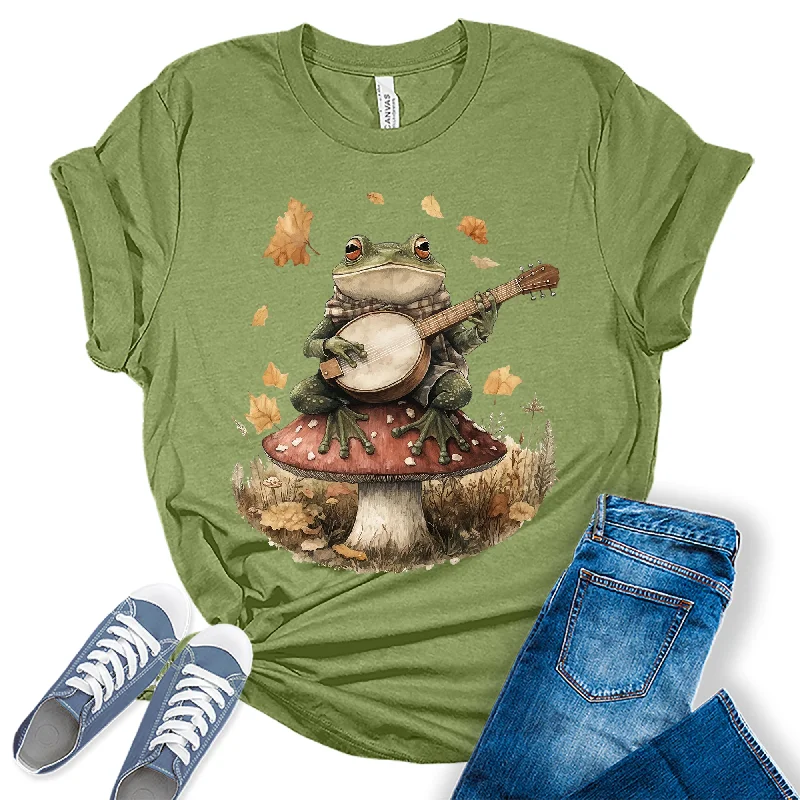 GyftWear Womens Frog Playing Banjo T-Shirt Fall Trendy Cottagecore Short Sleeve Graphic Tees Cashmere Blend Cotton Blend Poly Blend