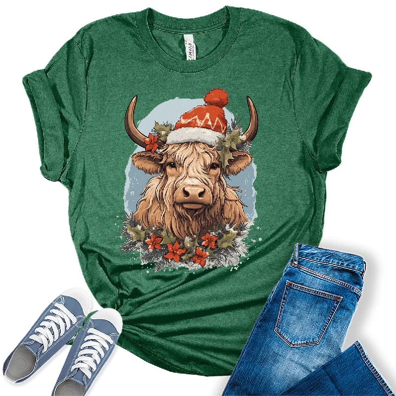 Highland Cow With Christmas Hat Funny Womens Yuletide Season T-shirt Houndstooth Herringbone Solid Highland Cow With Christmas Hat Funny Womens Yuletide Season T-shirt Houndstooth Herringbone Solid