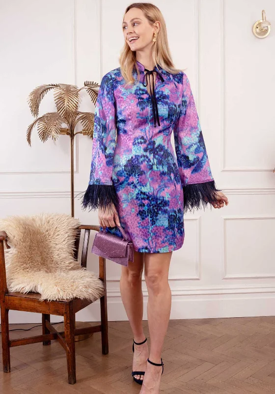 Hope and Ivy Cerise Printed Satin Mini Dress, Purple Casual Mini Dress with Pockets