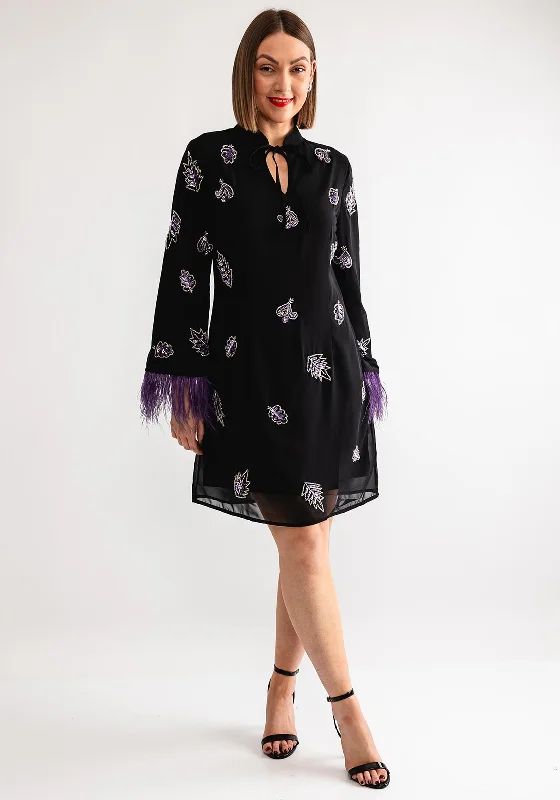 Hope and Ivy Christy Embellished Feather Trim Mini Dress, Black Trendy Wraparound Mini Dress