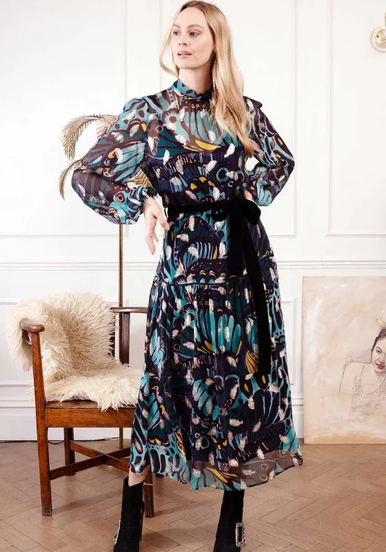 Hope and Ivy Edith Feather Print Midi Dress, Teal Elegant Pleated Detail Midi Dress