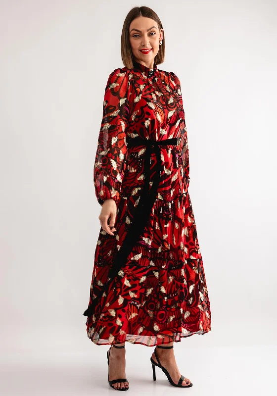 Hope and Ivy Jagger Feather Print Midi Dress, Red Comfortable Wrap Midi Dress