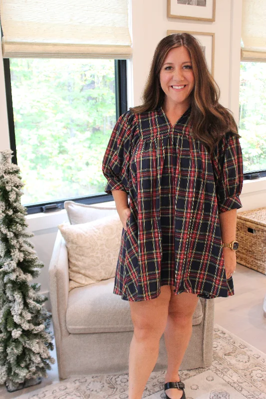 January & May - Defy The Odds Plaid Print Mini Dress Fashionable Mini Dress with Pockets