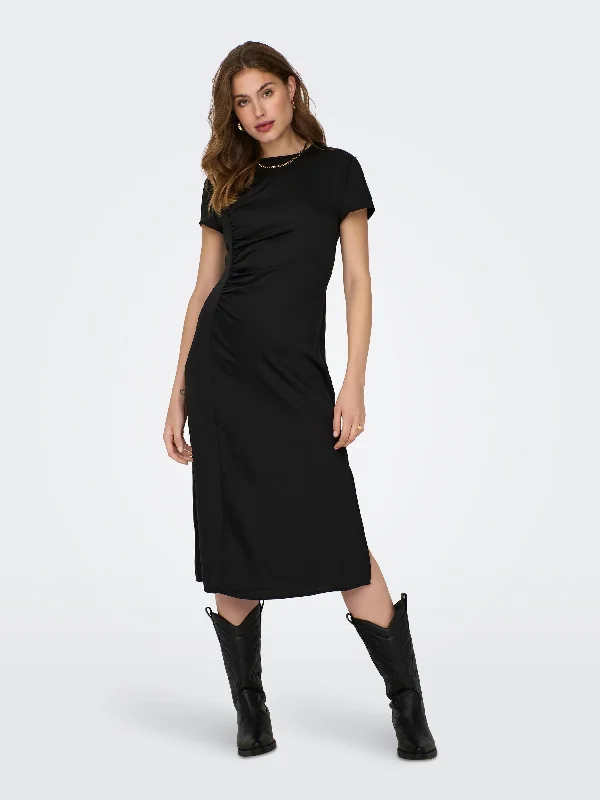 JDY Urba Short Sleeve Midi Dress-BLACK Trendy Off-Shoulder Button Midi Dress