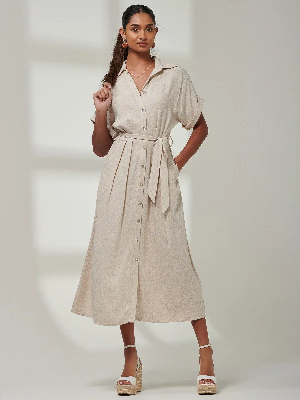 Jessie Linen  Shirt Midi Dress, Oatmeal Fashionable One-Shoulder Midi Dress