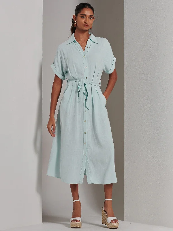 Jessie Linen Shirt Midi Dress, Light Blue Stylish Animal Print Midi Dress
