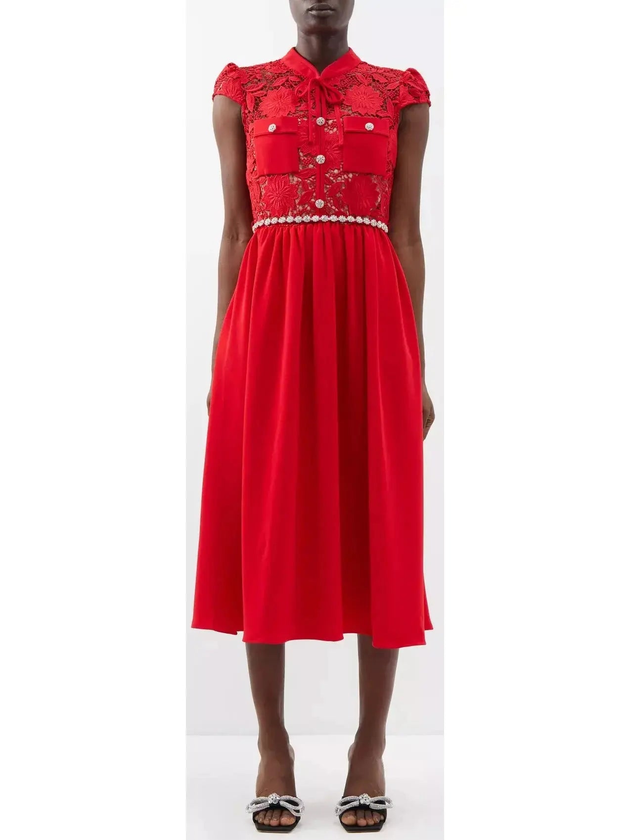 Jewel-Belted Lace and Crepe Midi Dress Fashionable One-Shoulder Midi Dress