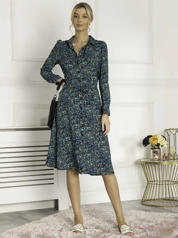 Jolie Moi Qiya Shirt Midi Dress, Blue Animal Stylish Silk Midi Dress