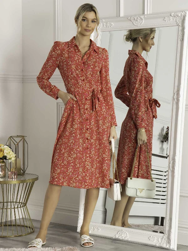 Jolie Moi Qiya Shirt Midi Dress, Red Animal Fashionable Fitted Midi Dress