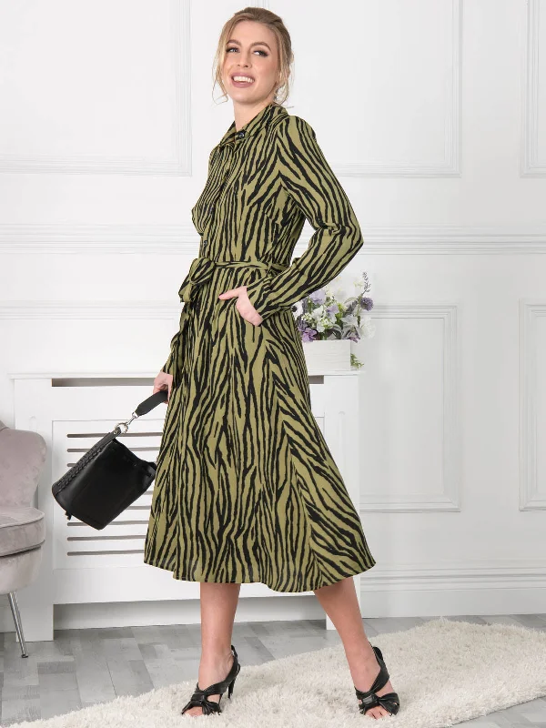 Jolie Moi Shea Viscose Shirt Midi Dress, Green Animal Trendy Floral Wrap Midi Dress