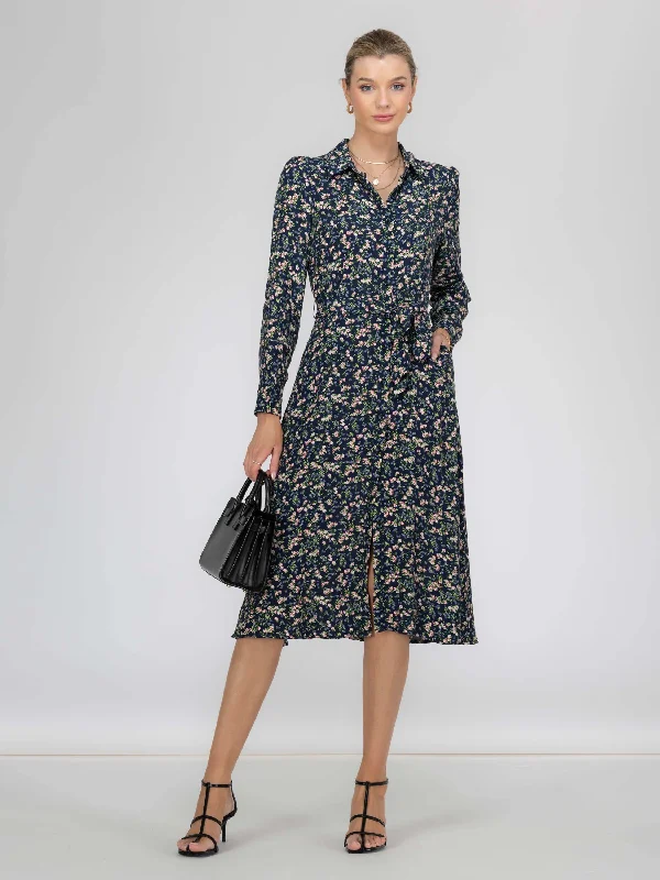 Jolie Moi Shea Viscose Shirt Midi Dress, Navy Floral Stylish Wraparound Midi Dress