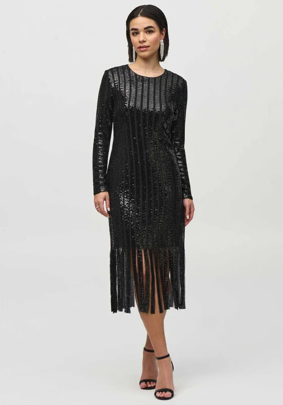 Joseph Ribkoff Sequin Fringe Trim Midi Dress, Black Stylish Tiered Midi Dress