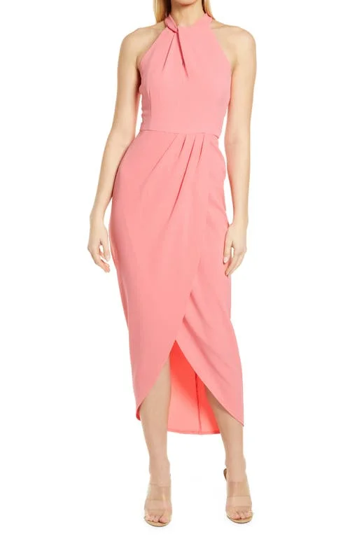 Knot-Neck Tulip-Hem Midi Dress Comfortable Lace-Up Midi Dress