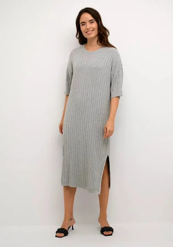 Kaffe Lola Ribbed Midi Dress, Grey Elegant Lace Trim Midi Dress