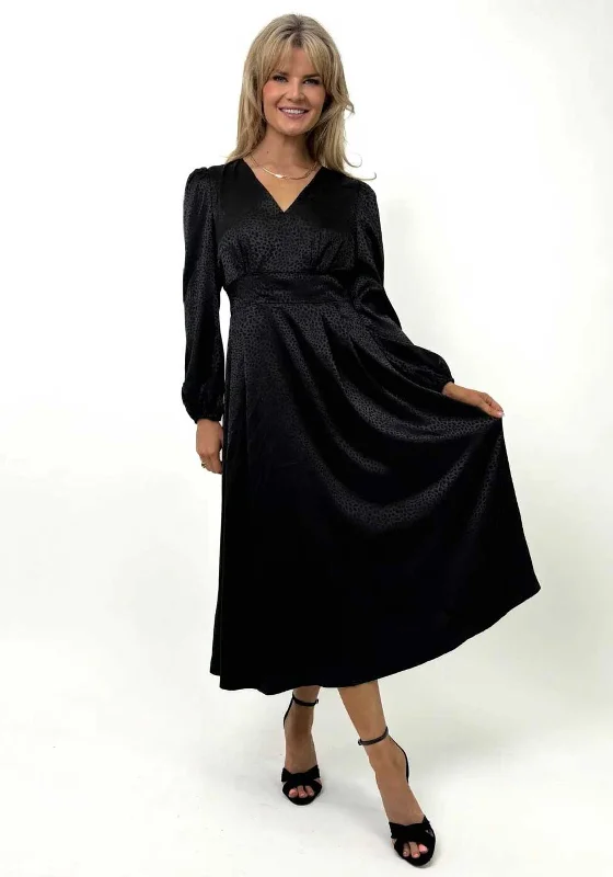 Kate and Pippa Audrey Satin Midi Dress, Black Trendy Tiered Hem Midi Dress
