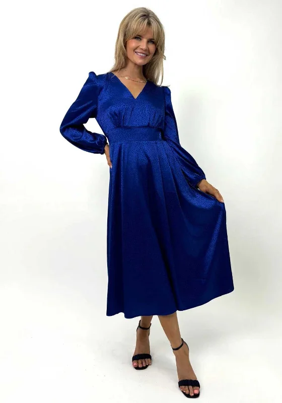 Kate and Pippa Audrey Satin Midi Dress, Royal Blue Trendy Mock Neck Midi Dress