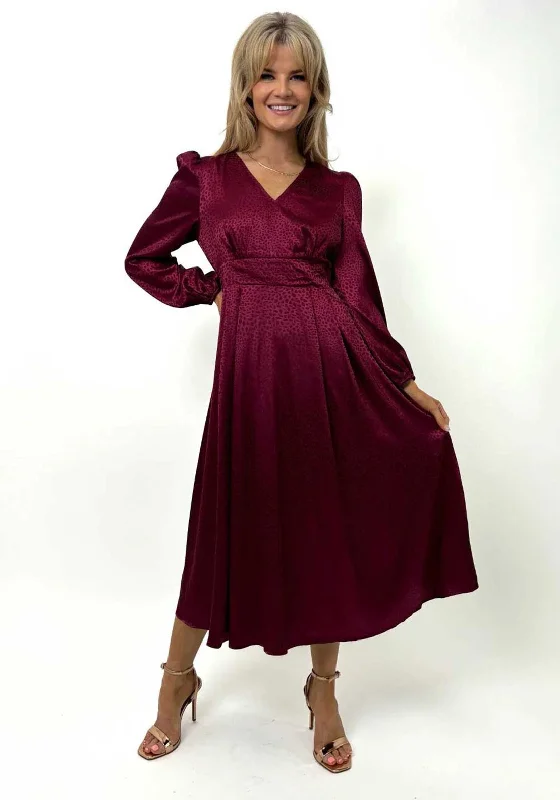 Kate and Pippa Audrey Satin Midi Dress, Wine Fashionable Casual Midi Dress