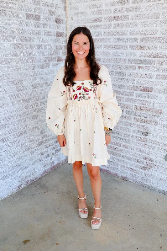 Keep Dreaming Poplin LS Floral Embroidered Mini Dress Comfortable Smocked Mini Dress
